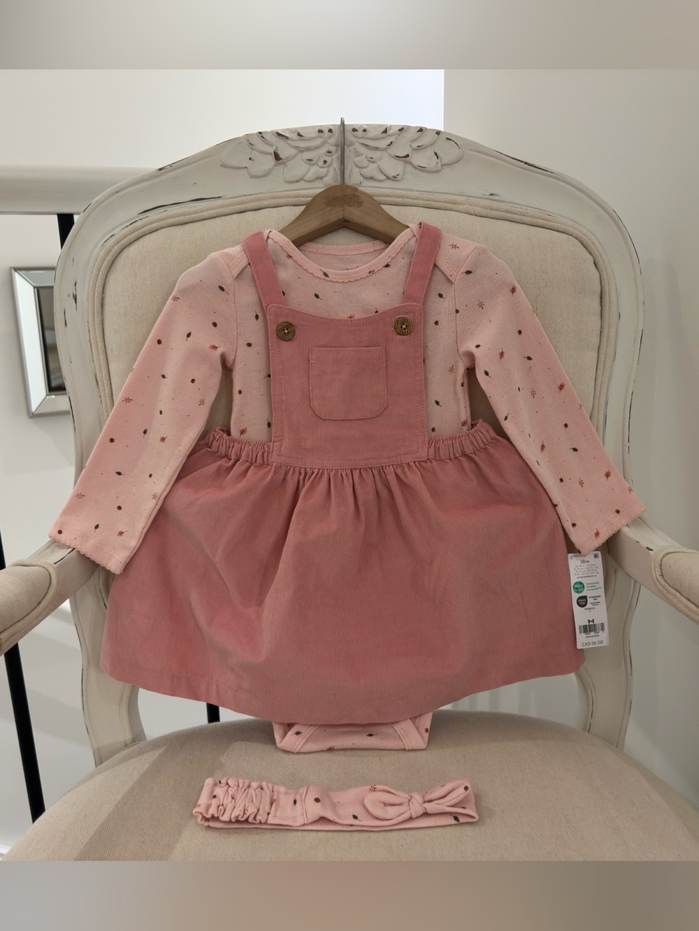 🦢 18 Mth Dusty Rose Soft Cotton Corduroy Pinafore Baby Dress 3 Piece Set NWT